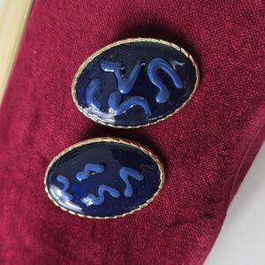 Navy and Gold Oval Enamel Earrings Stud Earrings